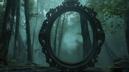 Enchanted Forest Reflection in Vintage Mirror Framed by Lush Greenery and Mystical Fog, Evoking a Sense of Wonder and Imagination in Nature's Embrace