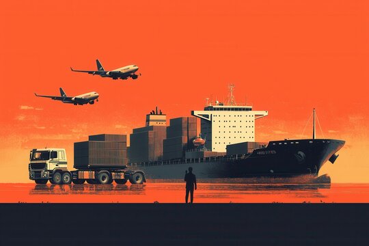 Illustration of global trade with cargo ship, truck, and airplanes