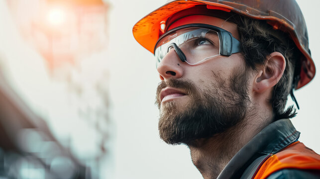 Close Up Side View of Man Worker with Helmet on White Background