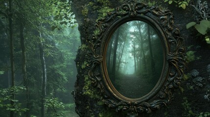 Obraz premium Dreamlike Forest Reflection in Ornate Mirror Surrounded by Lush Greenery, Evokes Mystical Atmosphere and Enchantment in Nature's Embrace, Serene and Whimsical