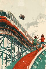 Obraz premium Thrilling ride on a roller coaster with children running underneath