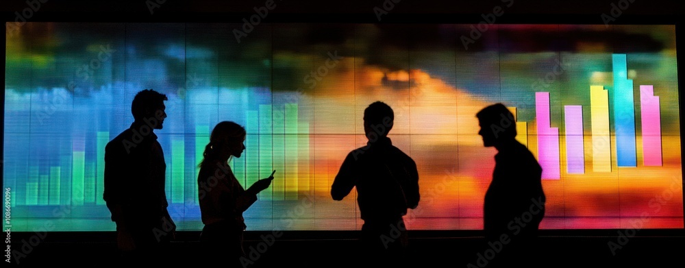 Poster Silhouetted figures in front of a vibrant data visualization display.