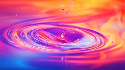 Vivid water droplet impact creating dynamic ripples on colorful surface, capturing vibrant reflections and emphasizing serene beauty in motion, water, reflections, dynamic ripples.