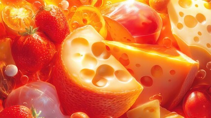 Colorful assortment of cheeses surrounded by vibrant fruits and bubbles, arranged in a top view composition for a cheerful and appetizing display.