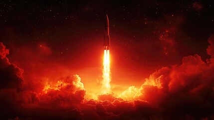 Fototapeta premium Spaceship launching toward Mars surrounded by vibrant flames and billowing smoke, ascending into a starry sky with a hint of the red planet in the distance.