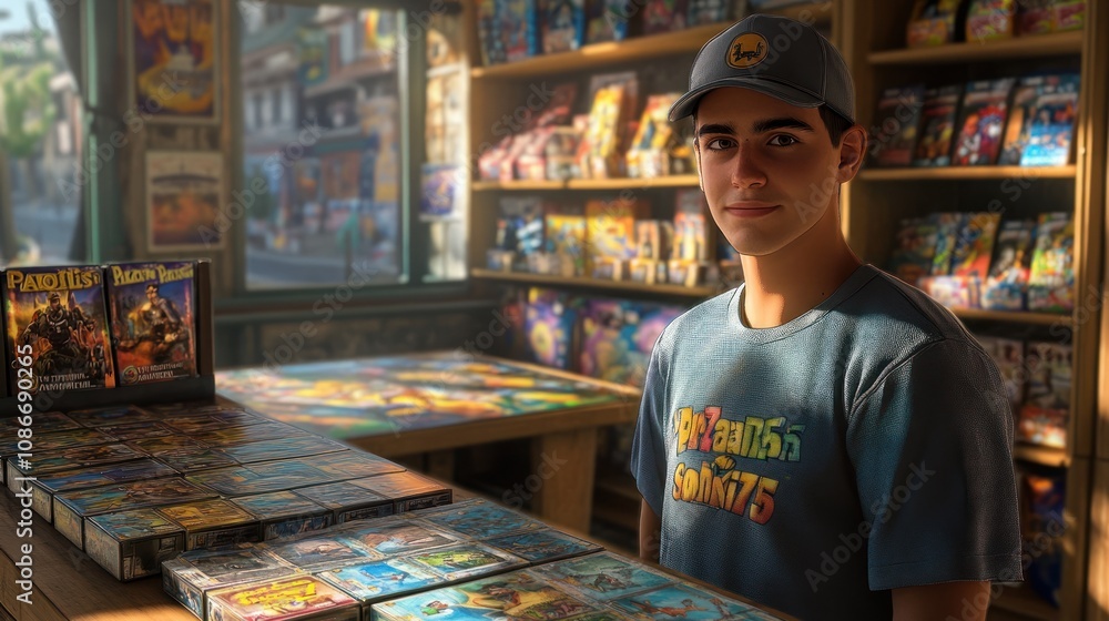 Poster a young man in a game store surrounded by colorful game boxes and displays.