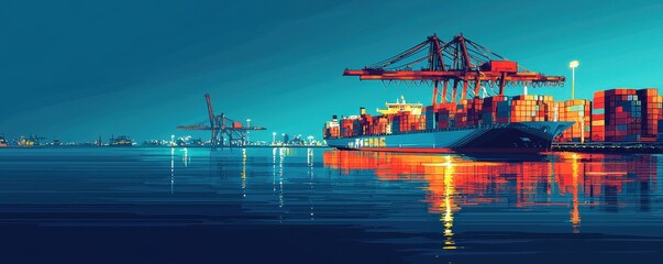 Obraz premium Vibrant illustration of a bustling ocean port at night