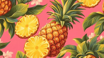 Obraz premium Vibrant pineapple and sliced pineapple wallpaper with lush green leaves on a striking pink background, perfect for a tropical theme.