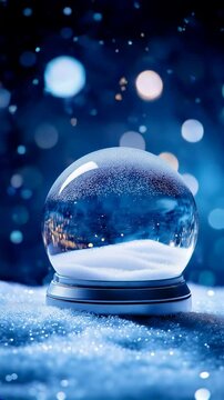 Empty snow globe on snowy surface, vertical footage. Christmas Eve concept.
