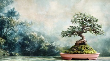 Fototapeta premium Bonsai tree in a pink pot on a mossy base against a serene painted forest backdrop, highlighting themes of nature and tranquility.