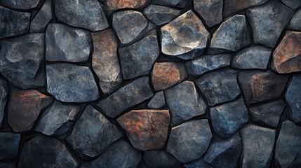 Fototapeta premium Rugged dark stone texture featuring irregular shapes with varied color tones, ideal for backgrounds, design elements, and architectural projects, stone texture, uneven surface.