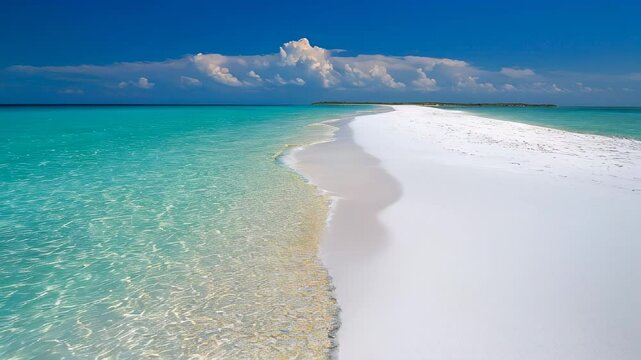 Tranquil sandy beach with gentle waves and vibrant seashells along the shoreline during a sunny day