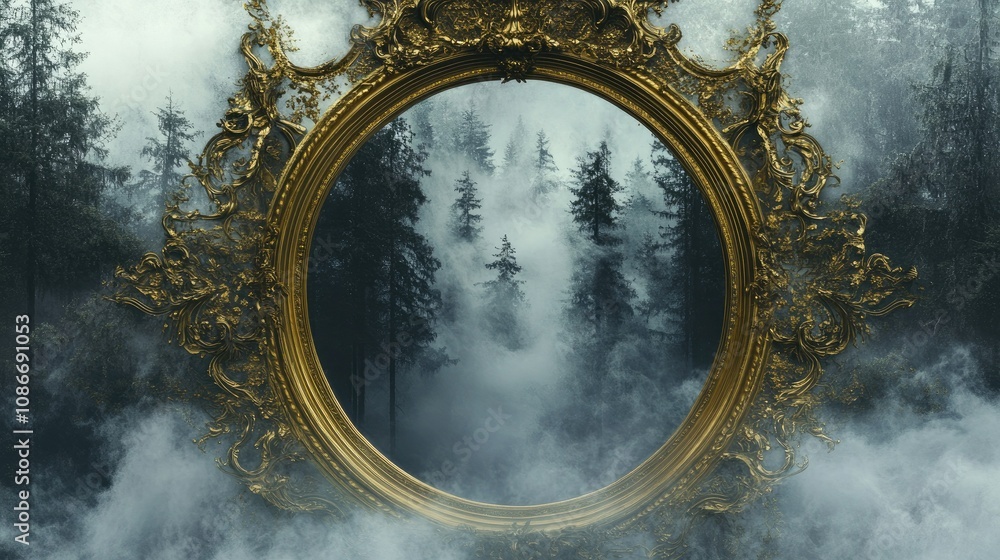 Poster enigmatic golden frame reflecting mysterious forest landscape surrounded by mist and fog creating a 