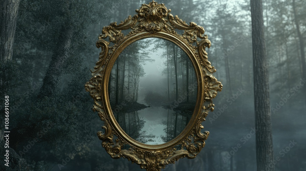 Aufkleber enchanted forest reflected in an ornate mirror surrounded by mist and tall trees in a mysterious lan