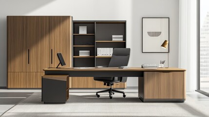 Modern Office Interior with Wooden Desk and Shelving
