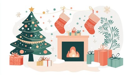 Cozy Christmas Scene with Tree, Fireplace, and Snowy Window