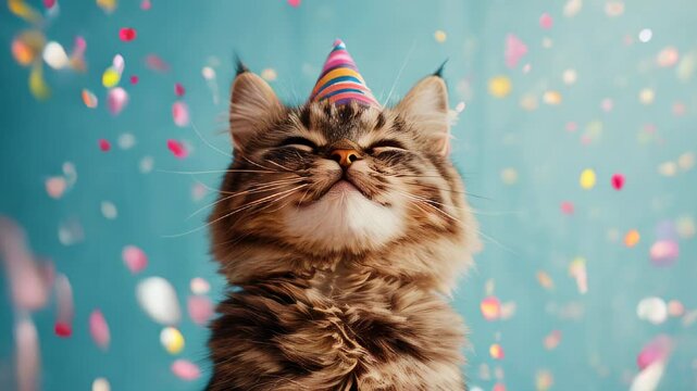 A playful cat wearing a party hat celebrates with colorful confetti in a cheerful indoor setting during a festive occasion