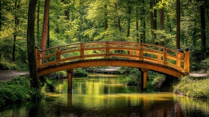 Serene Wooden Bridge Over Tranquil Water Surrounded by Lush Greenery in a Peaceful Forest Setting Ideal for Nature Photography and Outdoor Themes