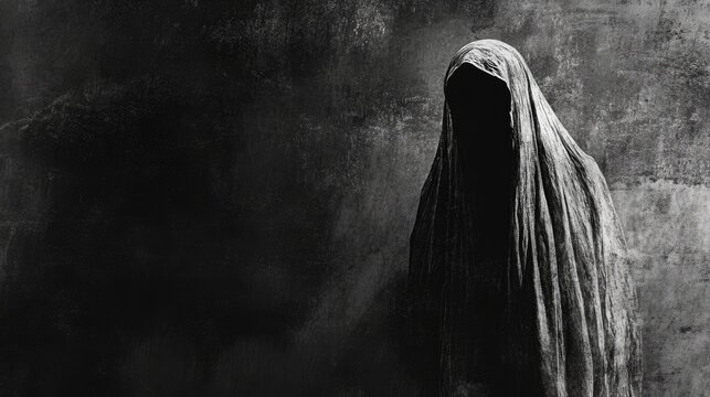 Mysterious figure in tattered cloak blending into a dark, textured wall, evoking an unsettling, spectral presence and an eerie atmosphere.