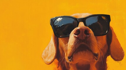 Stylish brown dog sporting oversized black sunglasses with a vibrant yellow background, exuding a cool and confident vibe.