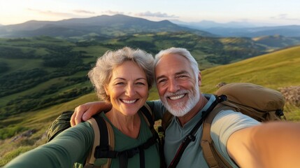 Joyful senior couple enjoying a mountain hike at sunset, smiling together.