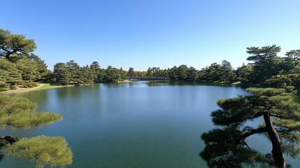Obraz premium Serene Japanese Garden with Tranquil Lake Surrounded by Lush Green Trees and Clear Blue Sky in a Peaceful Natural Setting