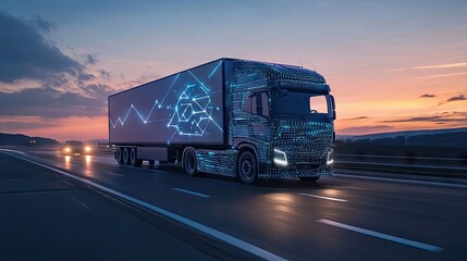 Futuristic electric truck with vibrant blue graphics driving at dusk, showcasing innovation in transportation.