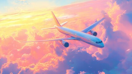 Naklejka premium Commercial jet flying amidst vibrant pastel clouds with golden sunlight illuminating the sky, creating a serene and picturesque atmosphere, perfect for travel inspiration.