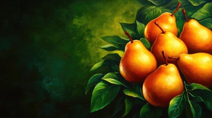 Cluster of ripe oriental pears nestled among lush green leaves with a rich, colorful background enhancing their golden hue