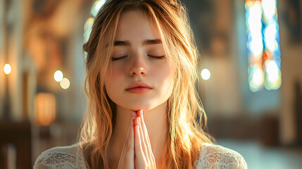 A young woman praying in church. Conceptual image for Christian faith, religion and prayer