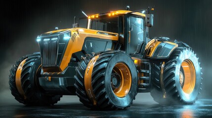 A powerful, modern orange and black tractor showcasing advanced design and technology under moody lighting.
