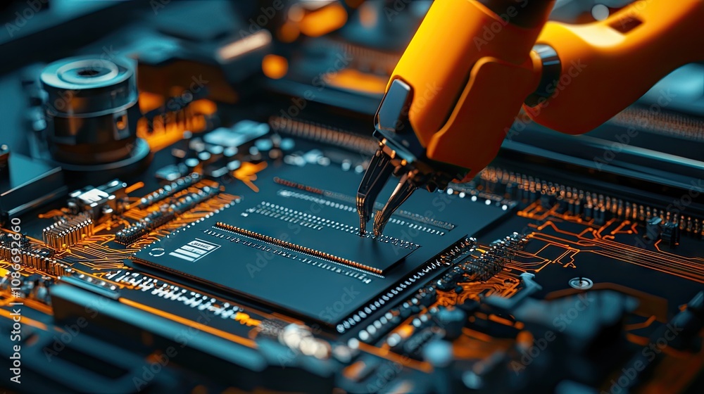 Poster a close-up of a microchip being assembled with precision tools, showcasing intricate circuitry and v