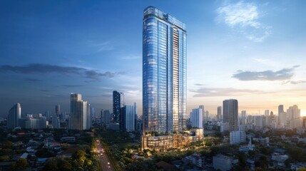 Fototapeta premium A Stunning Modern Skyscraper Rising Above the Cityscape with Reflective Glass, Surrounded by Urban Buildings Under a Vibrant Sunset Sky in a Bustling Metropolis