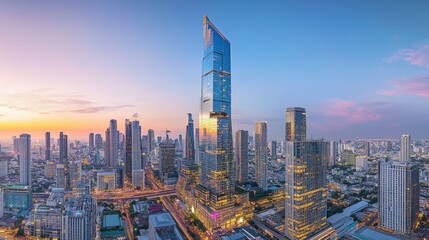 Obraz premium Stunning Aerial View of Urban Skyline at Sunset with Modern Skyscrapers and Vibrant City Lights Illuminating the Vibrant Heart of the City