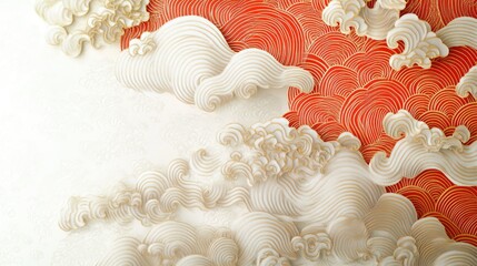 Abstract Clouds with Flowing Lines and Waves in Warm Red and Beige Tones Against a Light Background, Symbolizing Calmness and Serenity