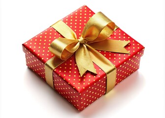 Obraz premium Charming red gift box adorned with golden dots and ribbon, ideal for holidays, birthdays, and special occasions. A delightful touch for any celebration against a white backdrop.