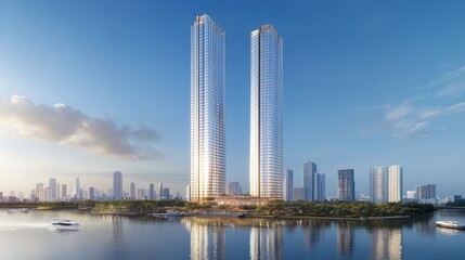 Obraz premium Modern Skyscrapers Reflected in Water with Urban Landscape Background Under Clear Blue Sky in a Vibrant City Environment