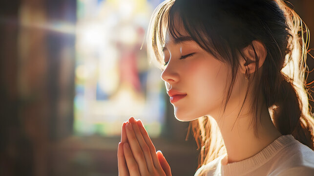 A young woman praying in church. Conceptual image for Christian faith, religion and prayer
