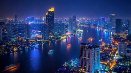 Naklejka premium Stunning Night View of a Vibrant City Skyline with Illuminated Towers and River Reflections in an Urban Landscape