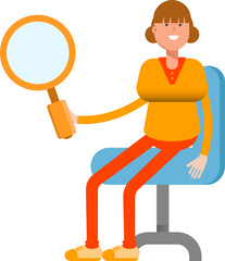 Girl Character Sitting and Holding Magnifier
