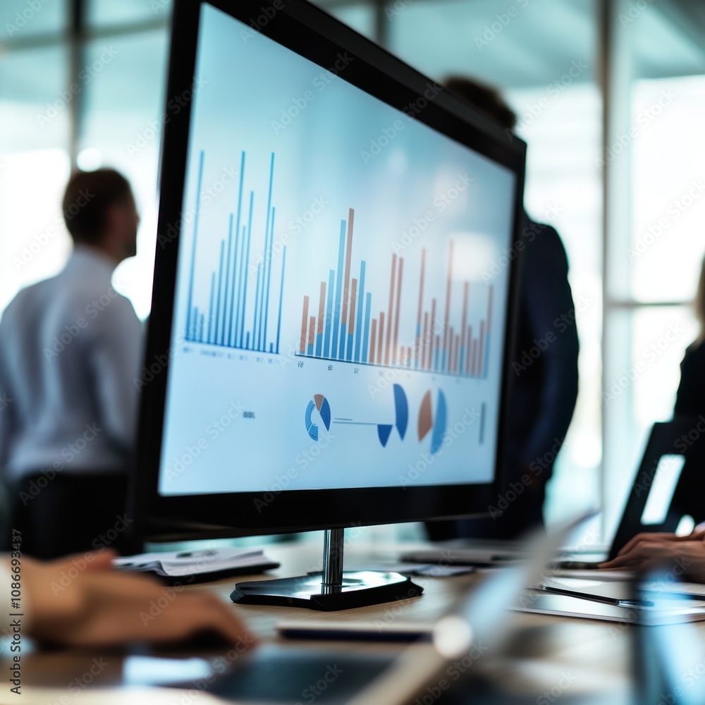 Poster business professionals analyzing data in a modern office setting with charts displayed.