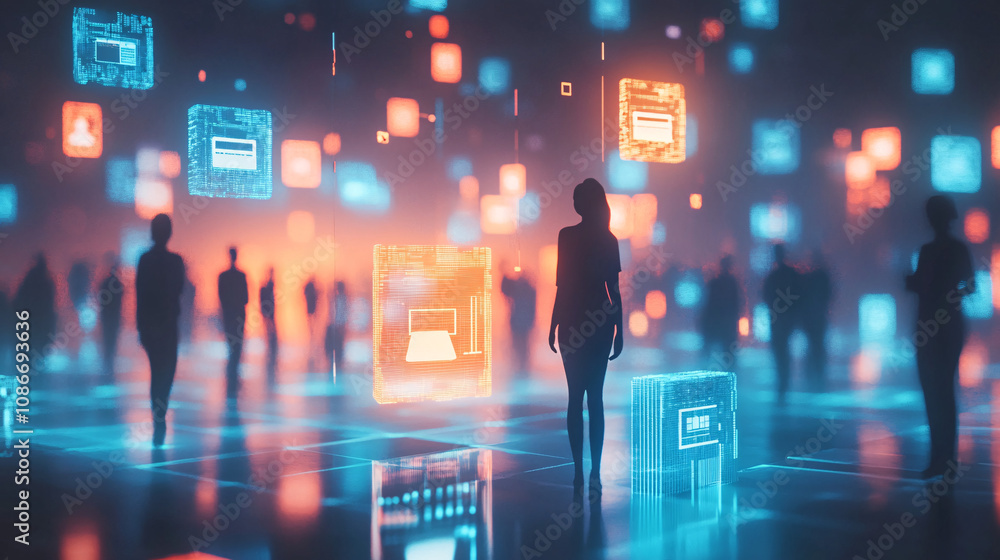 Poster human figures merged with digital icons on floating blocks, symbolizing remote work and digital tran