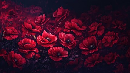 Vibrant field of red poppy flowers against a dark background, symbolizing remembrance and tribute with lush petals and intricate details.
