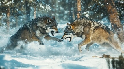 Obraz premium Two wolves engaged in a fierce battle, showcasing their strength and agility as they clash in the wild, with teeth bared and fur flying, in a display of dominance and survival instinct.