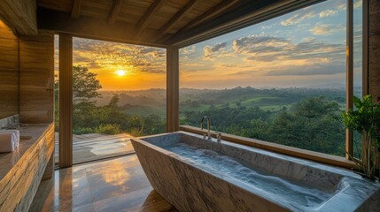 Fototapeta premium Serene Bathtub Overlooking Lush Green Hills with Vibrant Sunset and Tranquil Landscape, Inviting Relaxation and Luxury in Modern Bathroom Design