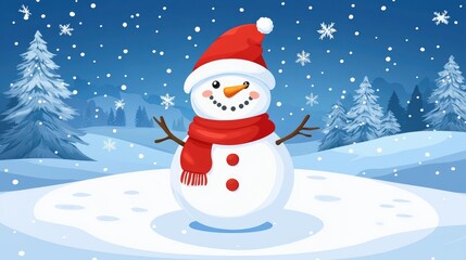Fototapeta premium Cheerful snowman wearing a red hat and scarf, surrounded by falling snowflakes and snowy pine trees, perfect for a festive holiday greeting card.