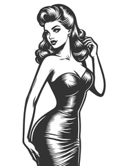 pin-up woman in a form-fitting dress, posing, vintage fashion sketch engraving generative ai fictional character raster illustration. Scratch board imitation. Black and white image.
