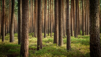 Obraz premium close-up of pine forest tree trunks, background with straight, brown trunks, branches with green needles at the top and left half