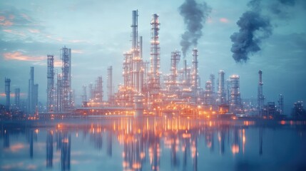 A sprawling industrial complex reflected in calm waters, with towers belching smoke against a pastel sky.