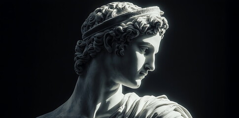 apollo greek god statue close up portrait on plain black background from Generative AI